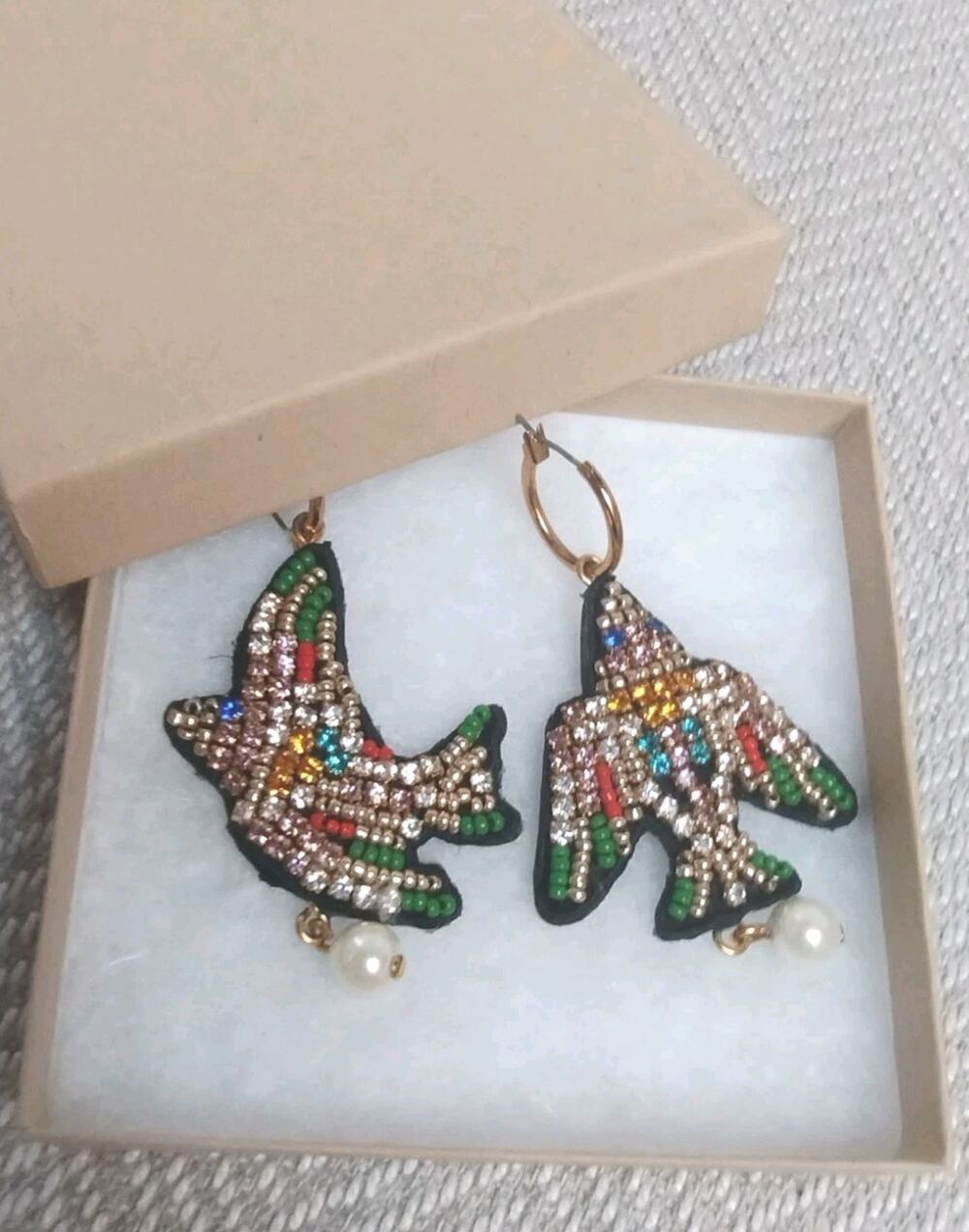 J. CREW NEW Rainbow Rhinestone Birds Of Peace Pearl Drop Leather Back Earrings